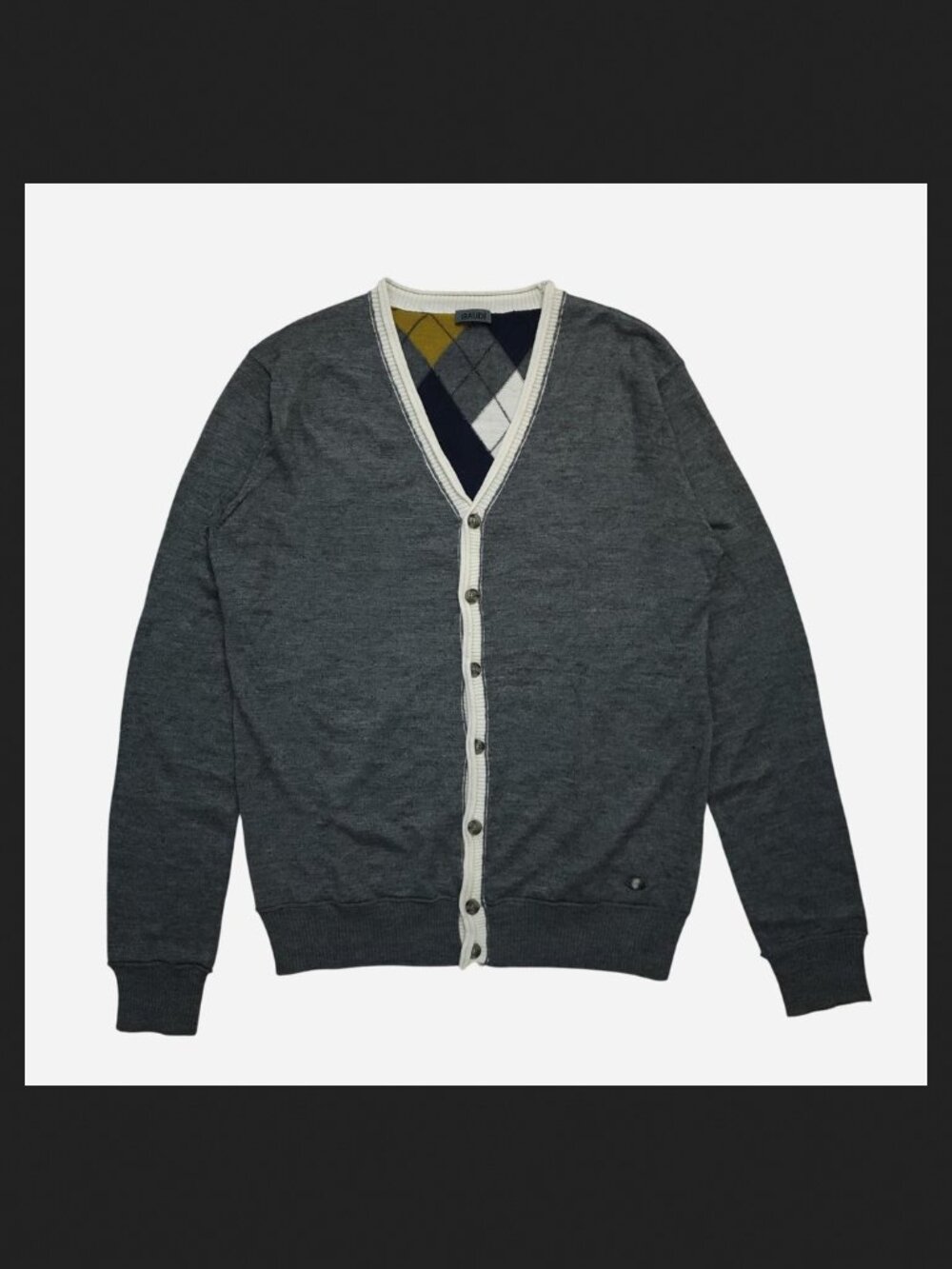 Gaudi grey cardigan w/ navy, white, and mustard yellow argyle patterns
